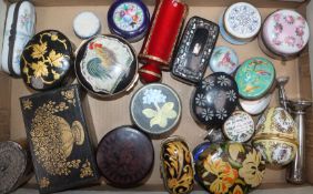 A group of assorted enamel and porcelain trinket boxes and three desk seals