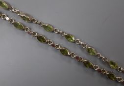 A 925 white metal and peridot set necklace, 37cm.