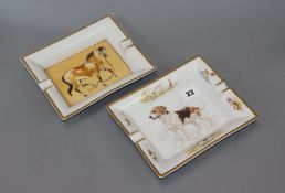 Two Hermes ashtrays, hand painted, one with a horse, the other of beagles