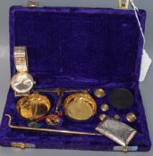 A small brass medallion, engraved with The Lord's Prayer, two wristwatches, cased jewellery scales