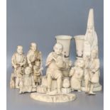 Seven assorted ivories including Japanese figures and Indian vases and a lacquer box