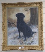 I. Fiskett, oil on canvas, Black Labrador in a winter landscape, signed, 60 x 49cm