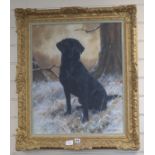 I. Fiskett, oil on canvas, Black Labrador in a winter landscape, signed, 60 x 49cm