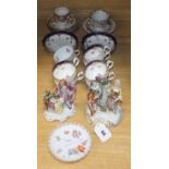 A group of assorted Victorian floral painted teawares and a pair of German porcelain groups