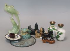 A Chinese bowenite jade pheasant, two stone branch rests, a cloisonne mirror, an archer's ring, etc