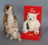 A Coca Cola bear, a Steiff Meerkat, and Thumper Rabbit, all unboxed