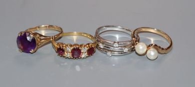 A Victorian style 18ct gold, ruby and diamond ring, a modern 18ct white gold and diamond ring and