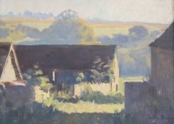 Julian Barrow (1939-2013)oil on canvasBarns at the foot of the downssigned and dated '8215 x 20cm.