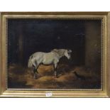 English School, oil on canvas, Horse and dog in stable, indistinctly signed, 37 x 49cm