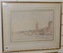 Henry Rushbury (1889-1968), ink and watercolour, La Rochelle Harbour, signed, 25 x 37cm.