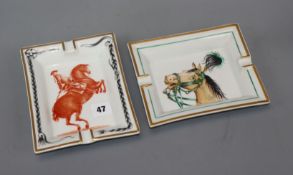 Two Hermes ashtrays, one with a gentleman on a rearing horse, the other a horse's head