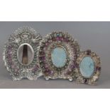 Three Mexican sterling 925, amethyst and turquoise set photograph frames, largest 12.4cm.