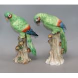 A pair of Continental porcelain models of parrots, with a gold painted anchor to the base, height