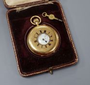 A George V J.W. Benson 18ct gold half hunter keyless pocket watch, in original box.