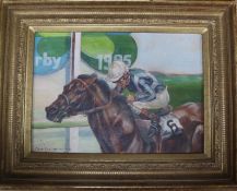 Claire Eva Burton (1955-) oil on canvas, Racehorse and jockey, The Derby 1985', signed and dated