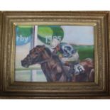 Claire Eva Burton (1955-) oil on canvas, Racehorse and jockey, The Derby 1985', signed and dated