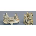 Two Japanese ivory okimono of go players and Benten with two attendants