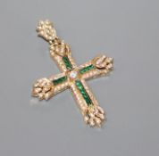 A modern yellow metal and two colour gem set cross pendant, overall 53mm.