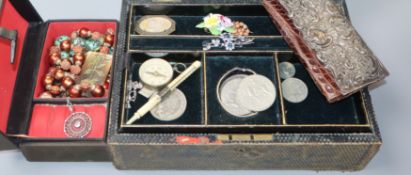 Mixed costume jewellery etc. in two boxes, including an Edwardian repousse silver mounted wallet.