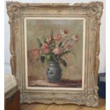 Continental School, oil on canvas, Still life of roses in a vase, indistinctly signed, 49 x 38cm