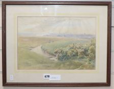 Attributed to Harry Goodwin, watercolour, Clifftop view of Hastings, 24 x 34cm