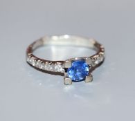 A modern 18ct white gold, Ceylon sapphire dress ring with diamond set shoulders, size M.