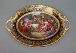 A Sevres style, probably circa 1900 oval twin handed dish, hand painted length 35cm