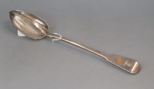 A George III silver fiddle pattern straining spoon, London, 1808, 31cm.