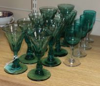 A set of nine green wine glasses and set of four green bowled wine glasses (13)