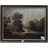 19th century English School, oil on board, Figures in an Indian? landscape, 44 x 59cm