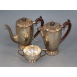 A George VI three piece silver cafe au lait set, Birmingham, 1947, gross 34 oz.