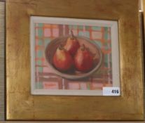 Delny Goalen, oil on canvas, Still life of pears in a bowl, signed, 19 x 24cm