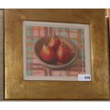 Delny Goalen, oil on canvas, Still life of pears in a bowl, signed, 19 x 24cm