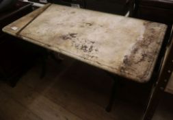 A marble top wrought iron garden table W.122cm