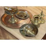 A Middle Eastern embossed copper tray, with a group of assorted Middle Eastern bronze, brass and