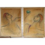Sejur, pair of oils on canvas, Head studies of acrobats, indistinctly signed, 99 x 69cm