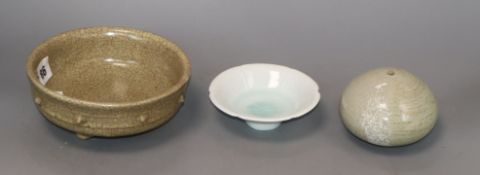 A Chinese guan style tripod censer, a Qingbai dish and a pottery vase