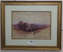 Thomas Dingle, watercolour, Shepherd and flock on a hillside, signed, 26 x 37cm