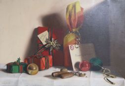 Harriet Gosling, oil on canvas, 'Christmas Presents', signed and dated '92, 40 x 58cm, unframed