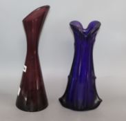 A 1950's amethyst glass vase and a knobbly blue glass vase height 40cm