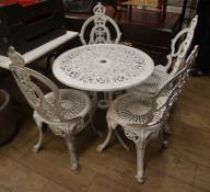 A white painted garden table and four chairs Table 68cm diameter