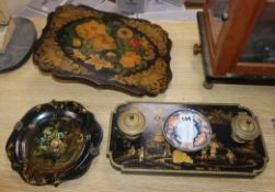 A Chinoiserie lacquer ink stand, penwork banner and a papier mache plate