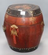 A Chinese red and black lacquer barrel shaped container Provenance - The owner and her family