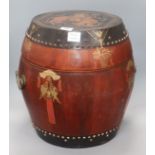 A Chinese red and black lacquer barrel shaped container Provenance - The owner and her family