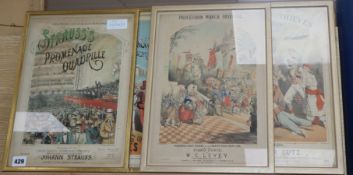 Five Victorian colour lithograph sheet music covers, approx. 35 x 25cm