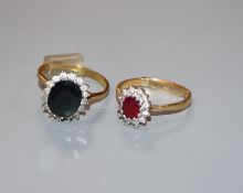 Two 18ct gold and gem set rings, to include a ruby and diamond and sapphire and diamond cluster