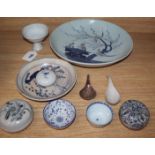 Three Annamese blue and white circular pots, a dish and other ceramics