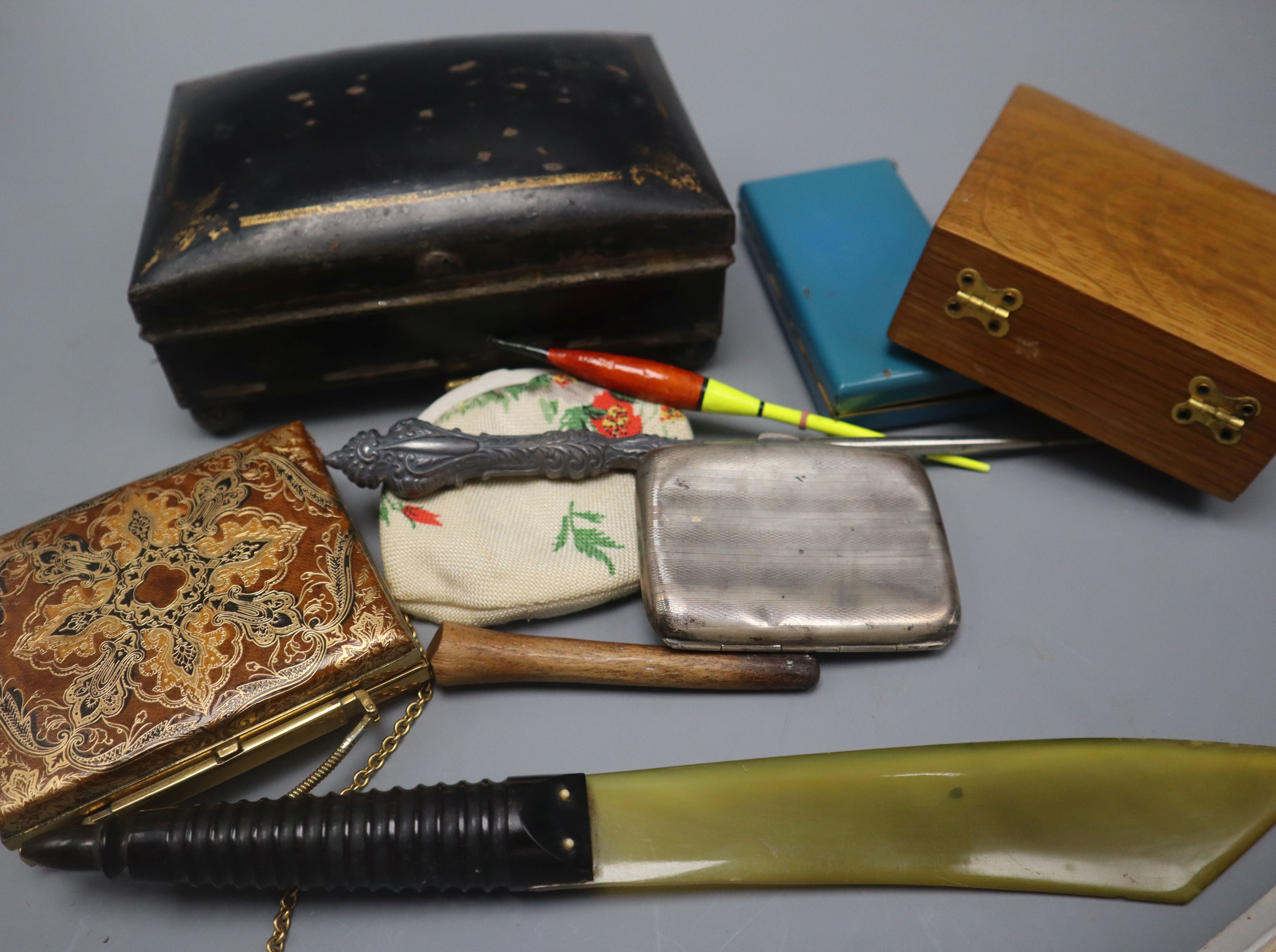 A Victorian toleware spice box, and group of other items including silver cigarette case and a
