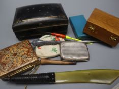 A Victorian toleware spice box, and group of other items including silver cigarette case and a