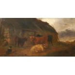 James Roberts (19th C.)oil on canvasHighland cattle and a collie beside a stone barnsigned53 x